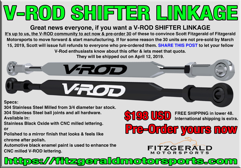 Vrod scripted shifter linkage by Fitzgerald Motorsports