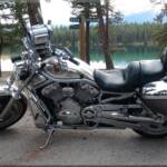 Our Harley-Davidson Vrod camera bike at Annette Lake in Jasper National Park, Alberta Canada.